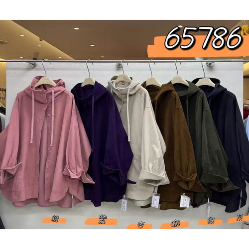 胖mm慵懒松弛风连帽长款衬衫外套
