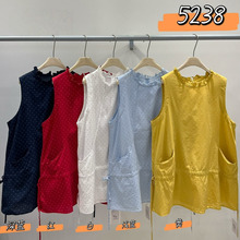 WE女5238夏季新款日系宽松大码胖mm休闲抽绳无袖花边圆点衬衫上衣