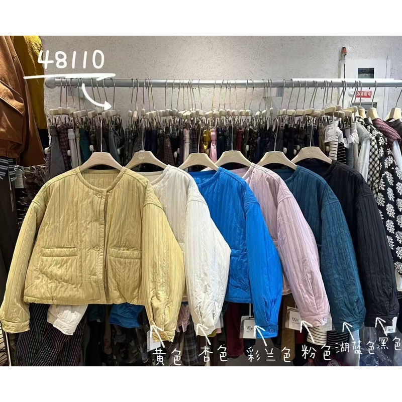 胖mm休闲风圆领竖条短款棉服外套