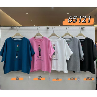 We女装65121秋季韩版宽松大码胖mm慵懒风圆领套头卡通印花短袖T恤