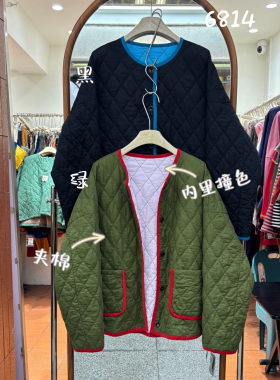 胖mm慵懒圆领撞色包边菱格棉外套