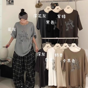 大7女78295秋冬新款 宽松大码 胖mm休闲慵懒风斑马短袖 T恤上衣 韩版