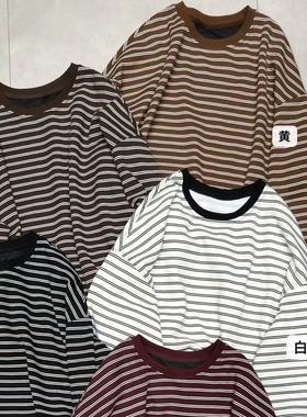 小王家52028秋新款韩版宽松大码胖mm休闲慵懒风复古圆领条纹卫衣