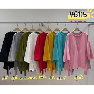胖mm慵懒风休闲设计感圆领开衩短袖 T恤 宽松大码 WE女46115春夏韩版