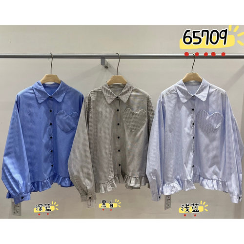 胖mm慵懒休闲简约格子荷叶边衬衫