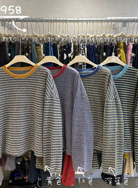 WE女5958秋冬韩版宽松大码胖mm慵懒休闲圆领撞色条纹长袖卫衣T恤