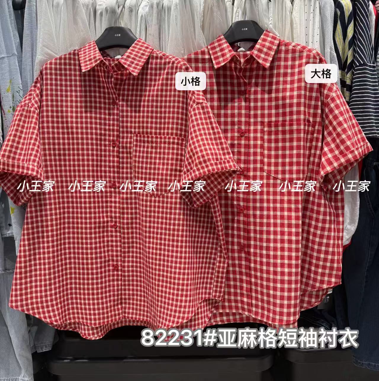 小王家82231夏韩版宽松大码胖mm休闲慵懒风复古红色格子短袖衬衫