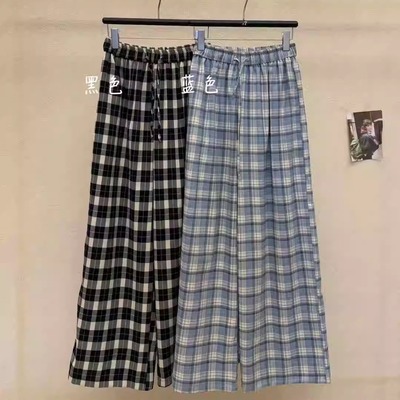 胖mm休闲慵懒风直筒格子阔腿长裤