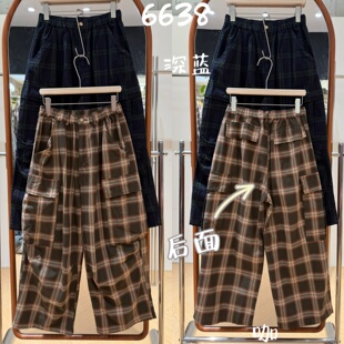 We女装6638秋季新款韩版宽松大码胖mm慵懒风休闲复古格子工装长裤