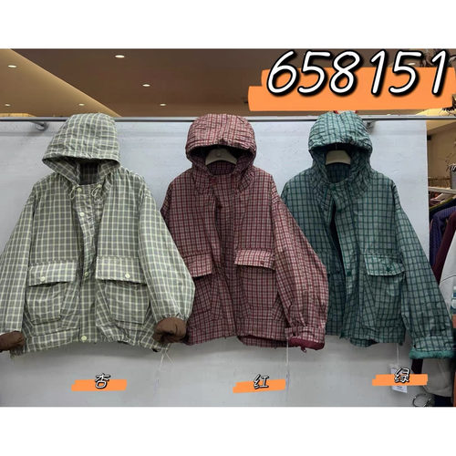 胖mm慵懒风连帽格子抽绳棉服外套