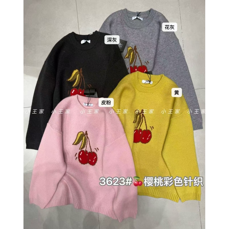 胖mm慵懒休闲风圆领樱桃针织毛衣