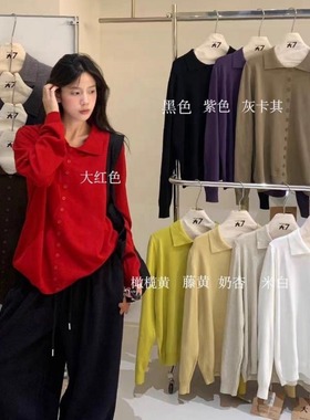 大7女装M12633秋冬韩版宽松大码胖mm慵懒松弛风翻领排扣针织上衣