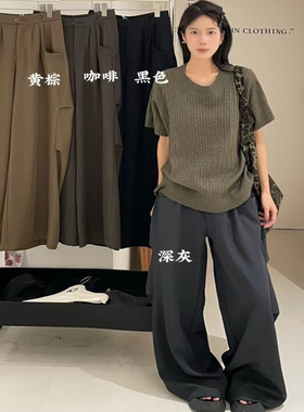 大7女装21606秋季新款韩版宽松大码胖mm休闲美式工装西裤阔腿长裤