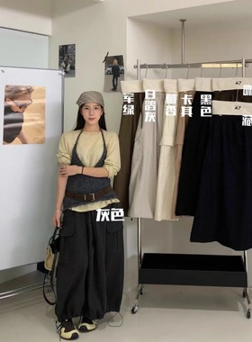 大7女21689秋冬韩版宽松大码胖mm慵懒休闲风抽绳带口袋工装半身裙