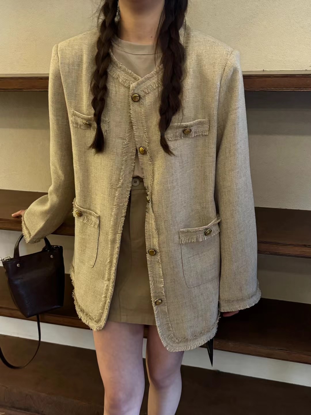 复古毛边流苏长款小香风西装外套