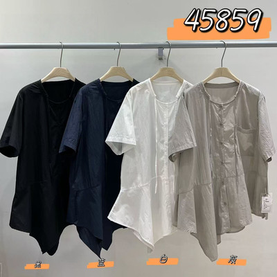 休闲慵懒风不规则下摆短袖衬衫