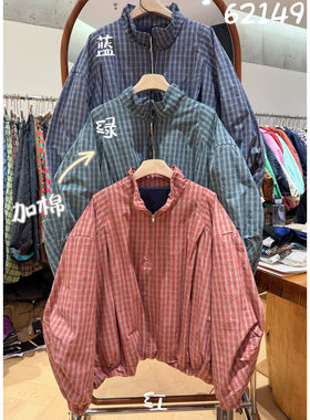 胖mm慵懒休闲立领格子套头棉外套