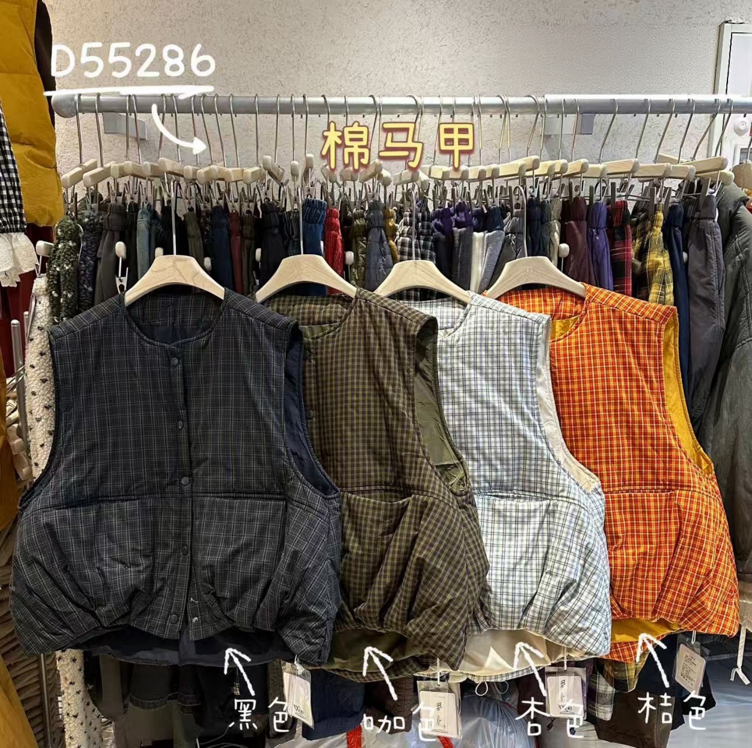 胖mm慵懒松弛复古格子圆领棉马甲