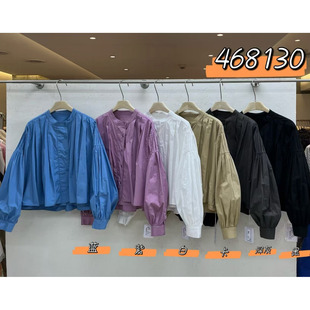 We女装468130秋季韩版宽松大码胖mm慵懒风立领褶皱泡泡袖长袖衬衫