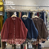 WE女5956秋冬韩版 宽松大码 胖mm慵懒松弛风圆领格子拼接假两件外套