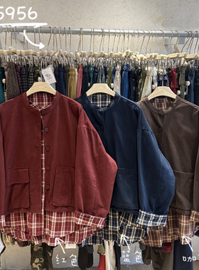 WE女5956秋冬韩版宽松大码胖mm慵懒松弛风圆领格子拼接假两件外套