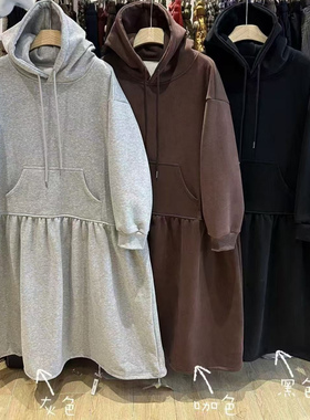 WE女装451187冬韩版宽松大码胖mm慵懒休闲风连帽抽绳卫衣连衣长裙