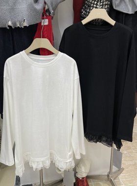 becabeau女561916早春韩版宽松大码胖mm慵懒松弛花边叠穿打底T恤