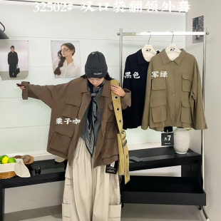 胖mm休闲慵懒风多口袋翻领工装 大7女装 宽松大码 韩版 外套 32502秋季