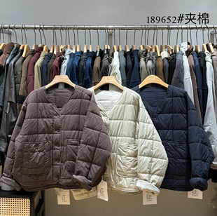 非本189652冬季韩版宽松大码胖mm慵懒松弛风V领菱格加厚棉服外套