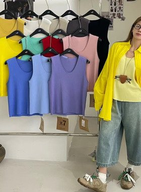 大7女装12261春夏韩版宽松大码胖mm纯色弹力200斤U领针织卷边背心