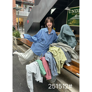 幕茄女装251512春季韩版宽松大码胖mm慵懒休闲风复古格子长袖衬衫