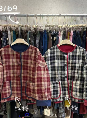 WE女58169冬韩版宽松大码胖mm慵懒休闲圆领撞色拼接格子棉服外套