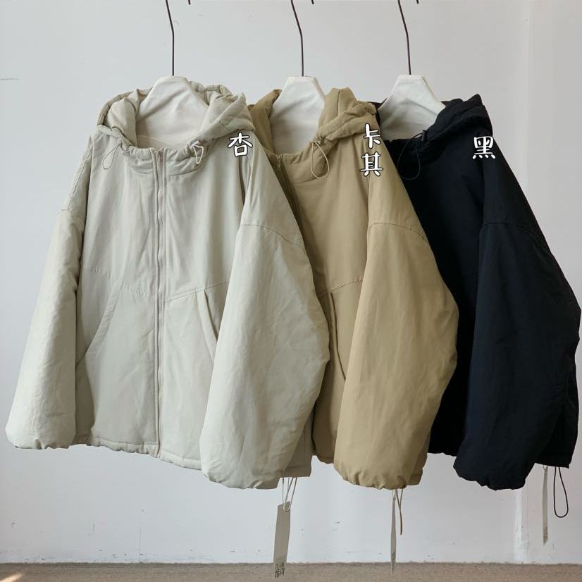 胖mm慵懒松弛风连帽抽绳棉服外套