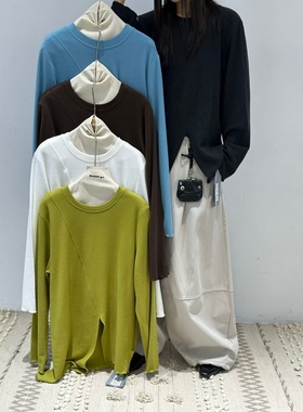 becabeau女561905冬韩版宽松大码胖mm慵懒休闲开叉双面绒打底T恤