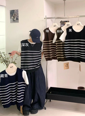 大7女装M12571秋韩版宽松大码胖mm休闲风条纹假两件针织短袖上衣