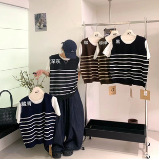 胖mm休闲风条纹假两件针织短袖 宽松大码 上衣 M12571秋韩版 大7女装