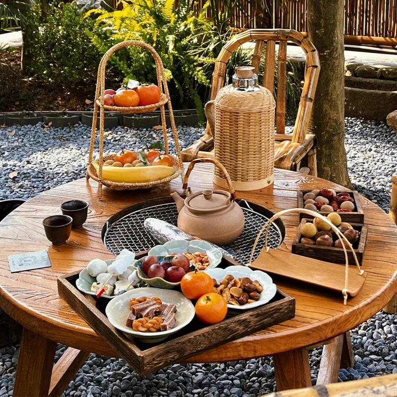 围炉煮茶桌子户外庭院花园老榆木火锅烧烤桌椅烤火炉套装一体全套