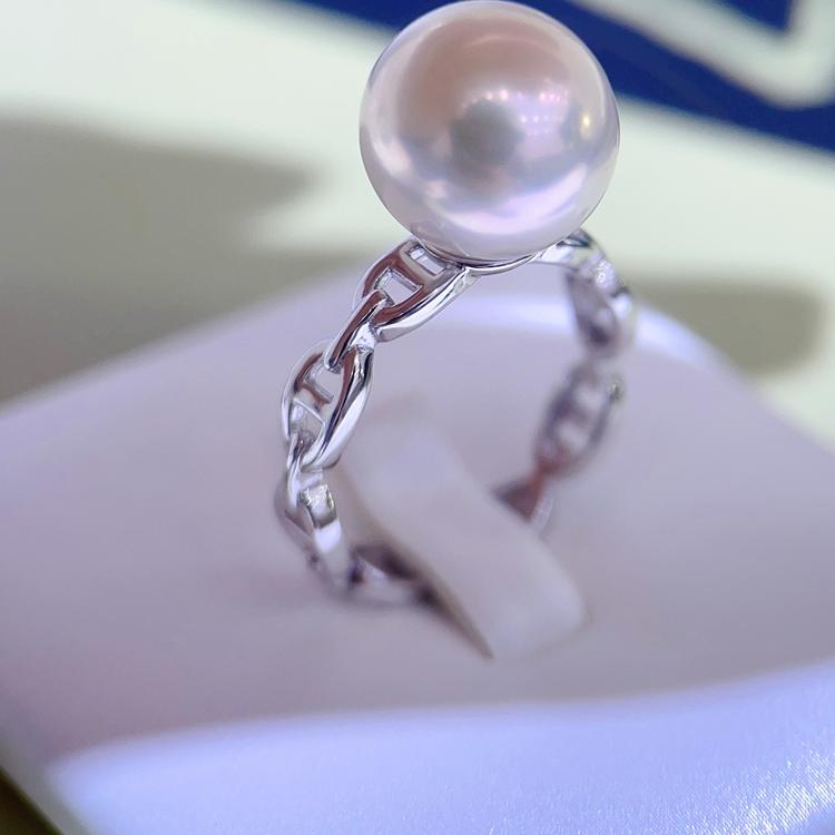 H系猪鼻子戒指天然淡水珍珠正圆 小众设计指环纯银925时尚女款新