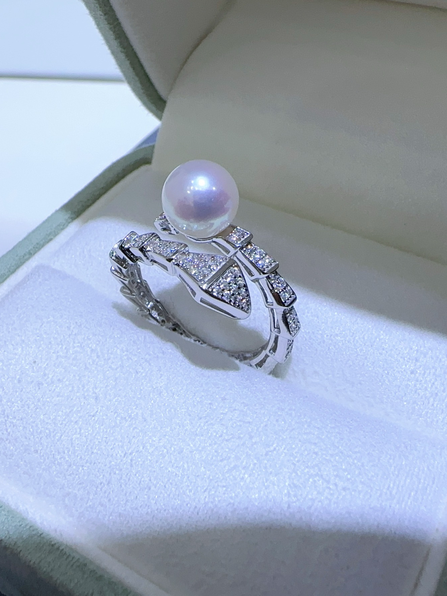 极光小灯泡S925纯银时尚个性开口蛇灵戒指正圆天然淡水AK珍珠指环