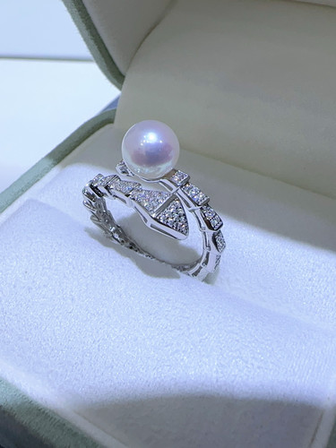 极光小灯泡S925纯银时尚个性开口蛇灵戒指正圆天然淡水AK珍珠指环