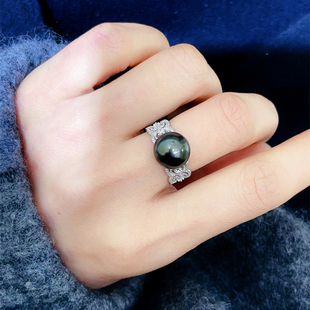 天然大溪地海水黑珍珠戒指正圆强光 纯银精工版蕾丝复古指环女戒