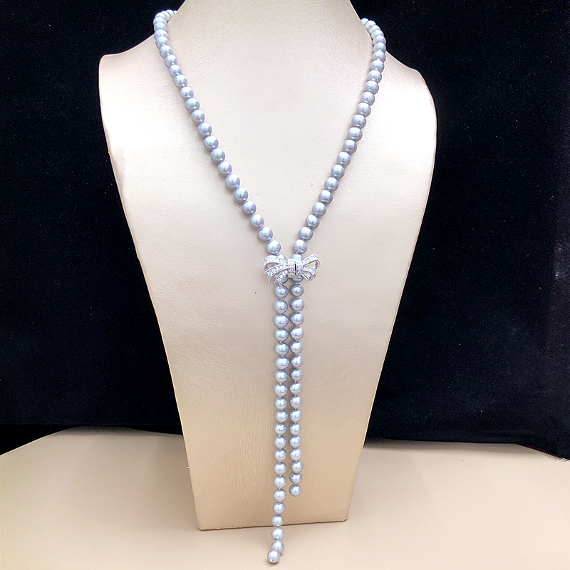 银灰蓝色珍珠长项链毛衣链