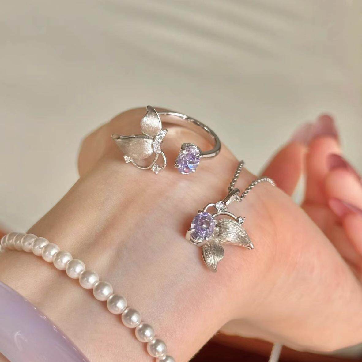 S925纯银紫蝶戒指项链紫色锆石蝴蝶花瓣女小众轻奢温柔百搭2024新