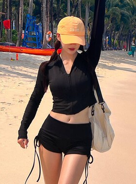 韩国新款分体泳衣三件套沙滩度假长袖防晒保守温泉泳衣浮潜冲浪