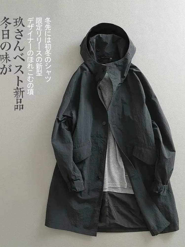 Japanese light luxury slightly wide mid-length trench coat hooded