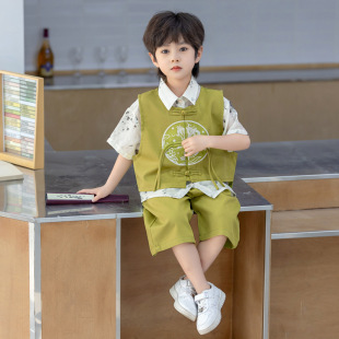 男童唐装汉服夏季新款短袖套装棉麻复古国风中式节日礼服儿童表演