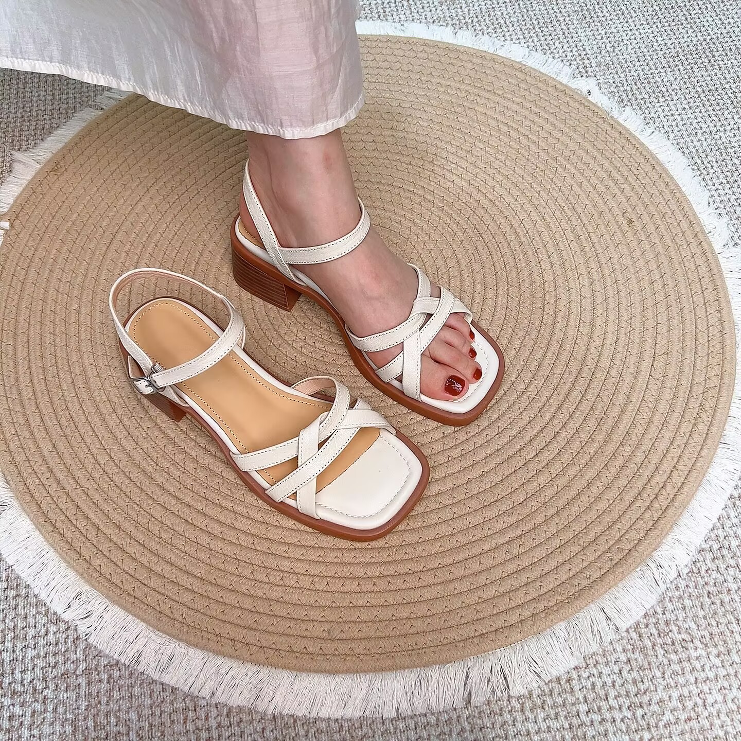 诗宝斐尔 粗跟5CM方头一字带高跟鞋女夏季真皮百搭露趾凉鞋罗马鞋