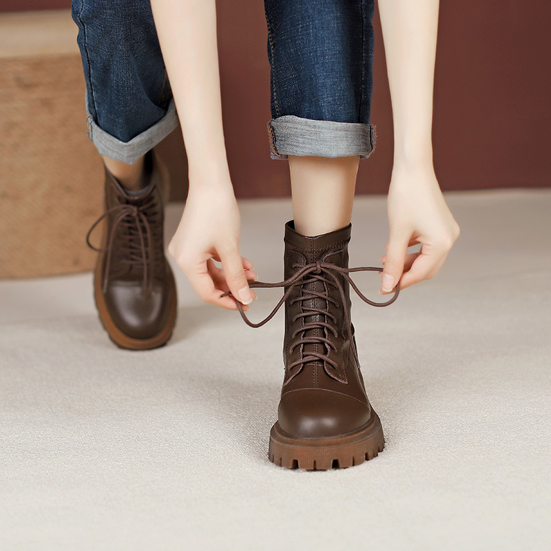 真皮棕色厚底马丁靴女英伦显瘦系带软皮短靴子春秋单靴大尺码41一