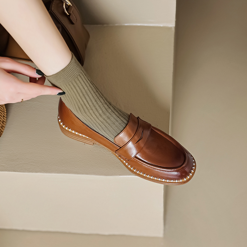 法式覆古棕色乐福鞋2025春新款英伦风黑色小皮鞋女平底单鞋工作鞋