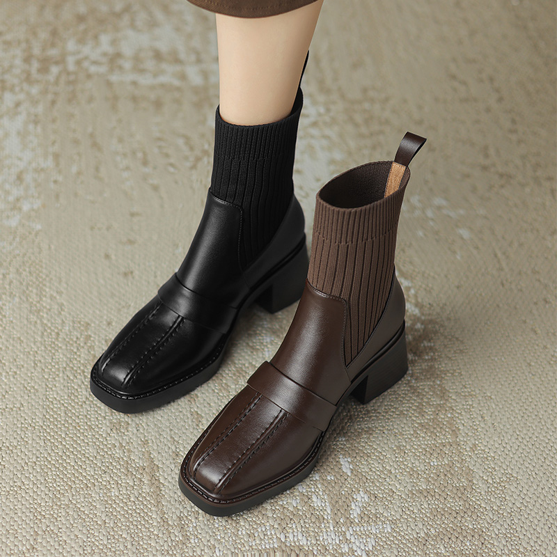 法式秋冬季针织筒粗跟短靴女真皮高跟瘦瘦靴子棕色马丁靴弹力袜靴